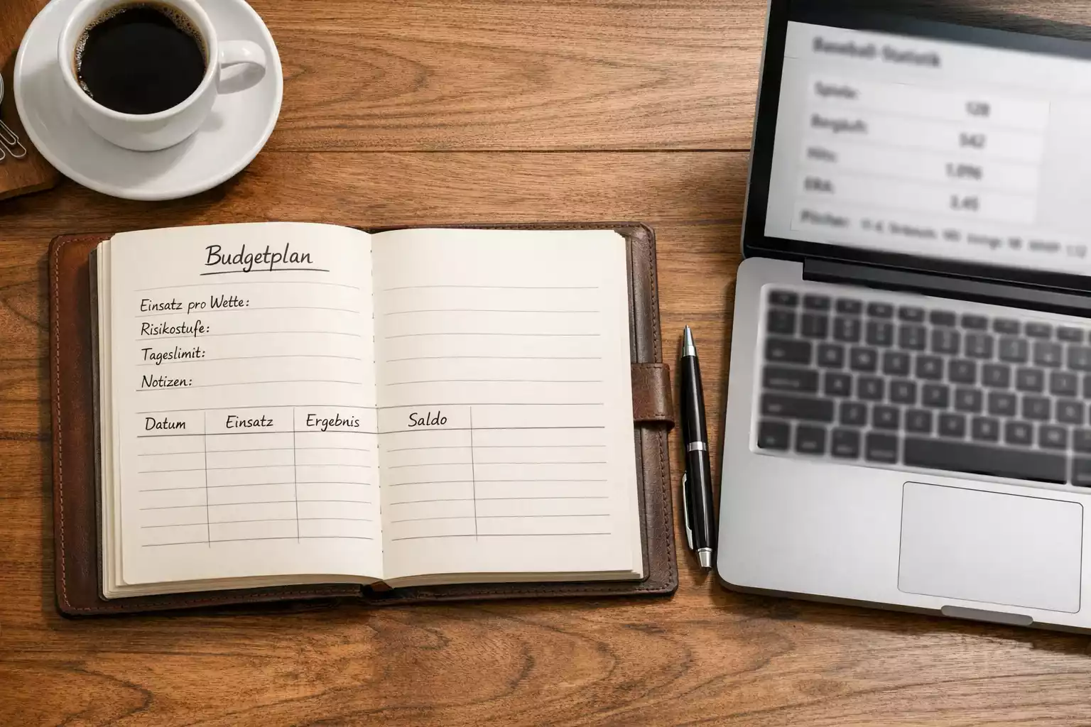 Notizbuch mit Stift auf einem Schreibtisch neben einem Laptop mit Baseballstatistiken – Bankroll Management