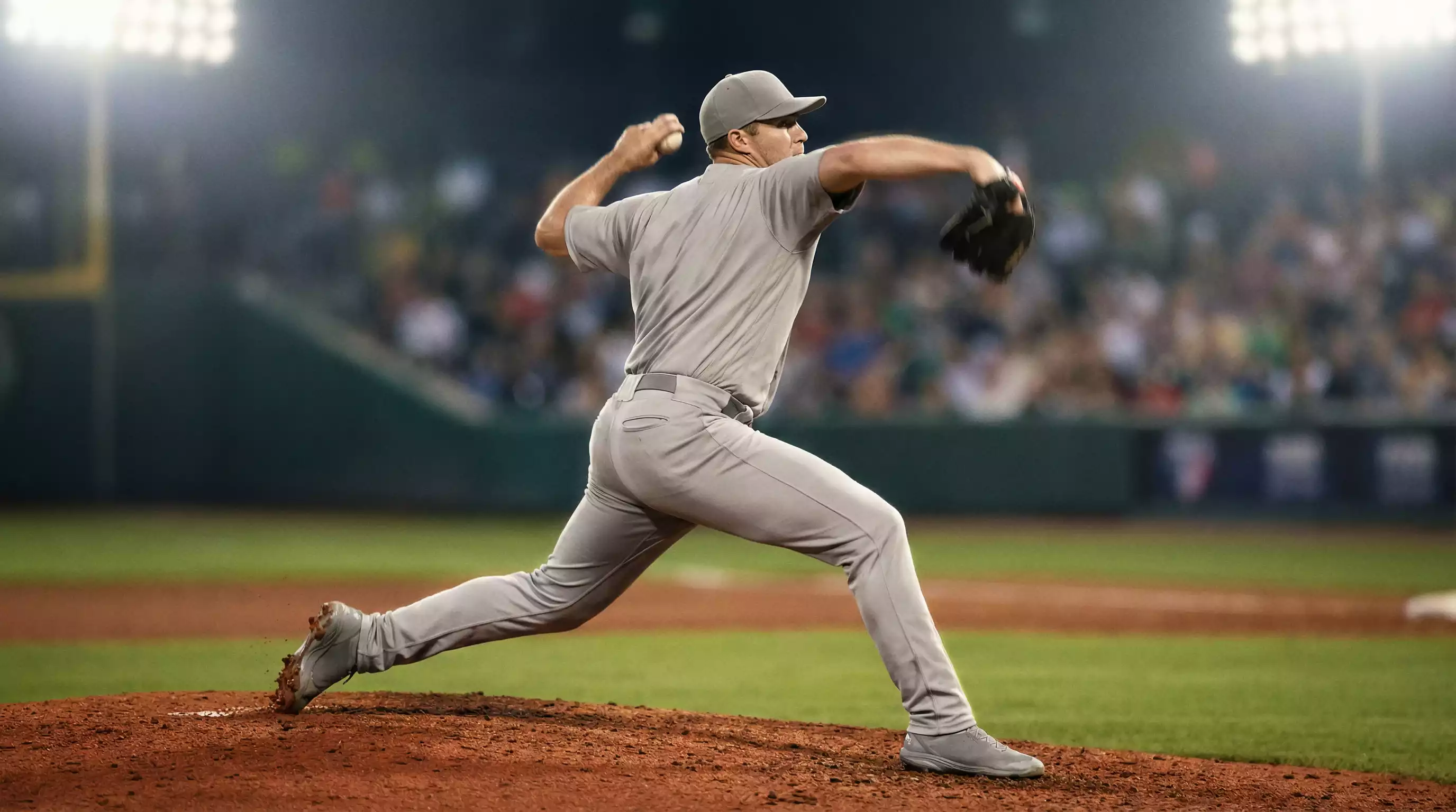 Starting Pitcher auf dem Mound eines MLB-Stadions im Abendlicht