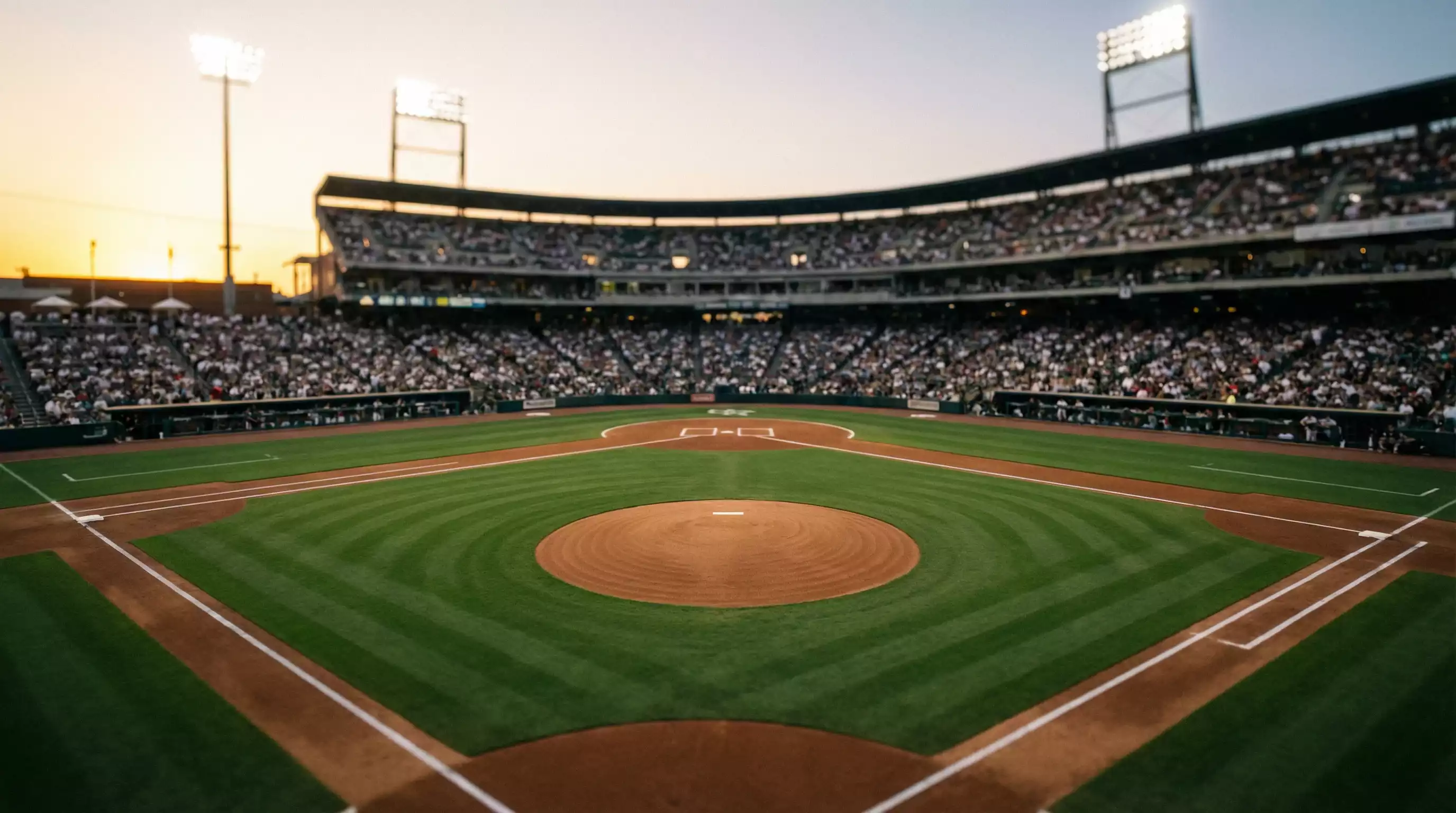 Baseball-Stadion bei Flutlicht mit Blick auf den Pitcher Mound