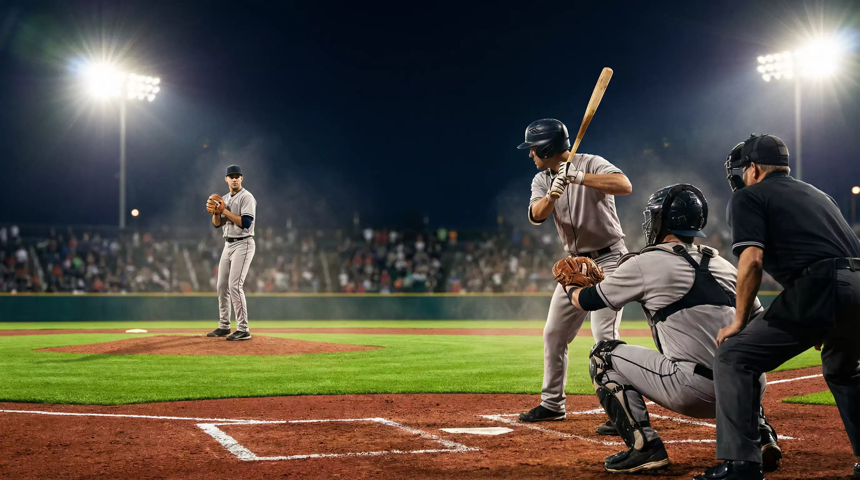 Baseballspiel bei Nacht unter Flutlicht mit gespannter Atmosphäre – Live Wetten Strategie