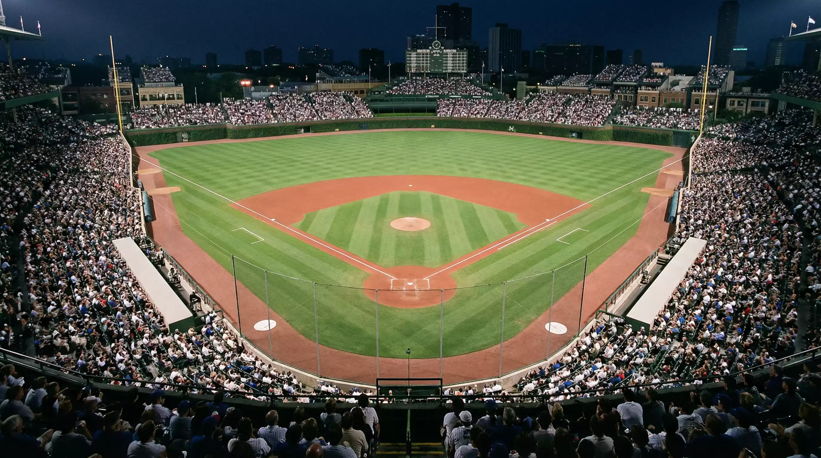 Panoramablick auf ein volles MLB-Stadion bei einem Abendspiel