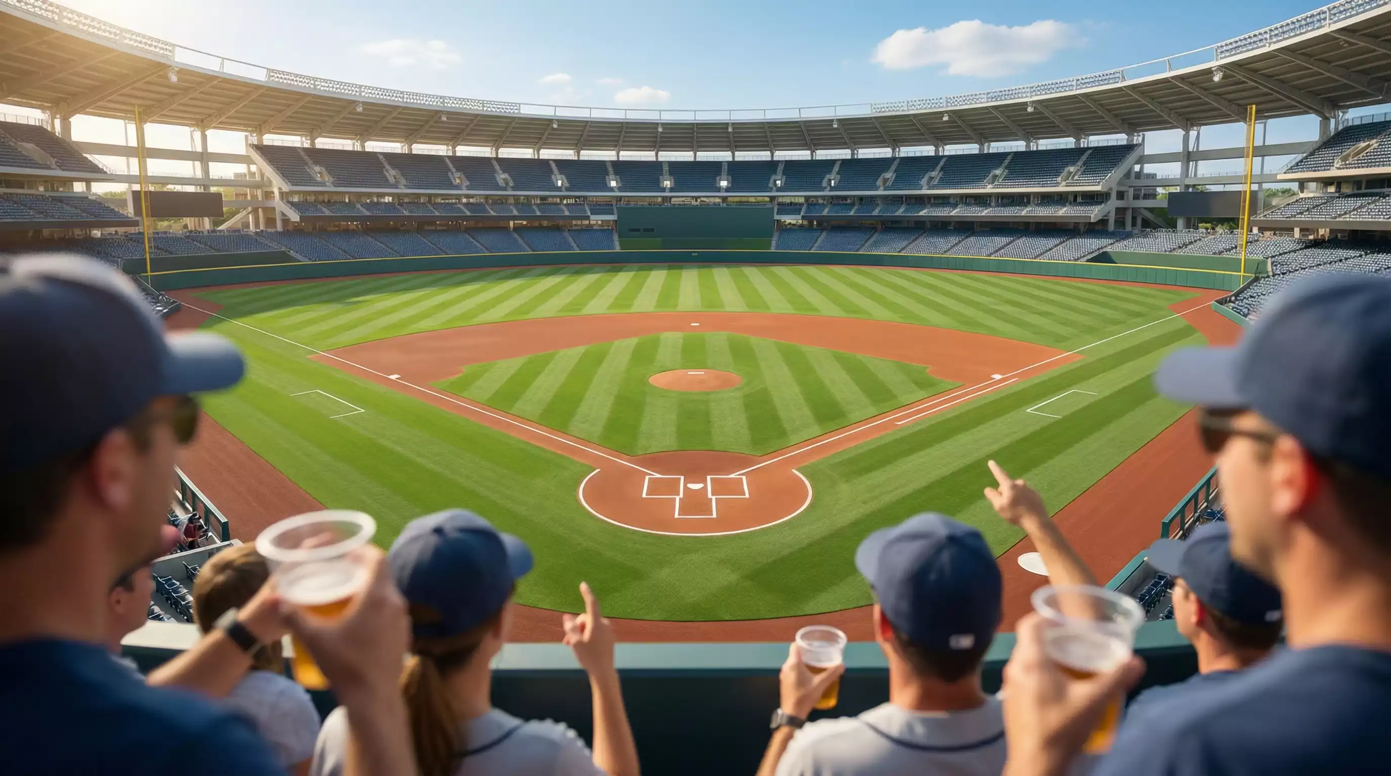 Blick über das Spielfeld eines vollen MLB-Stadions bei Tageslicht – Einstieg in Baseball Wetten