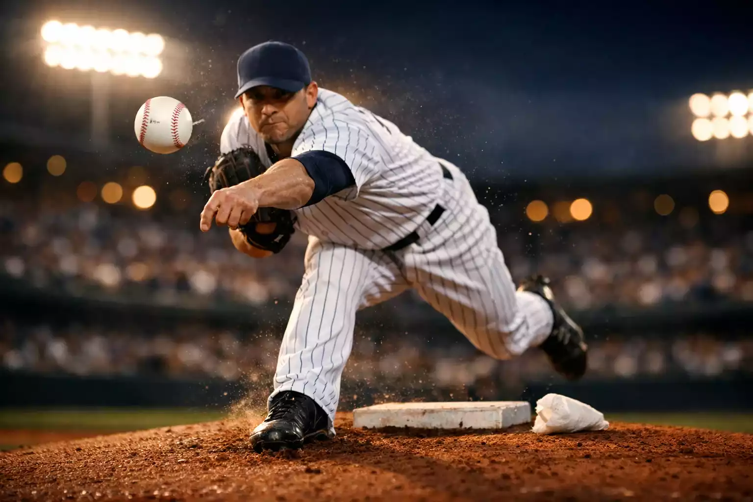 Pitcher wirft den Ball auf dem Mound in einem MLB-Stadion bei Flutlicht – Moneyline Baseball Wetten