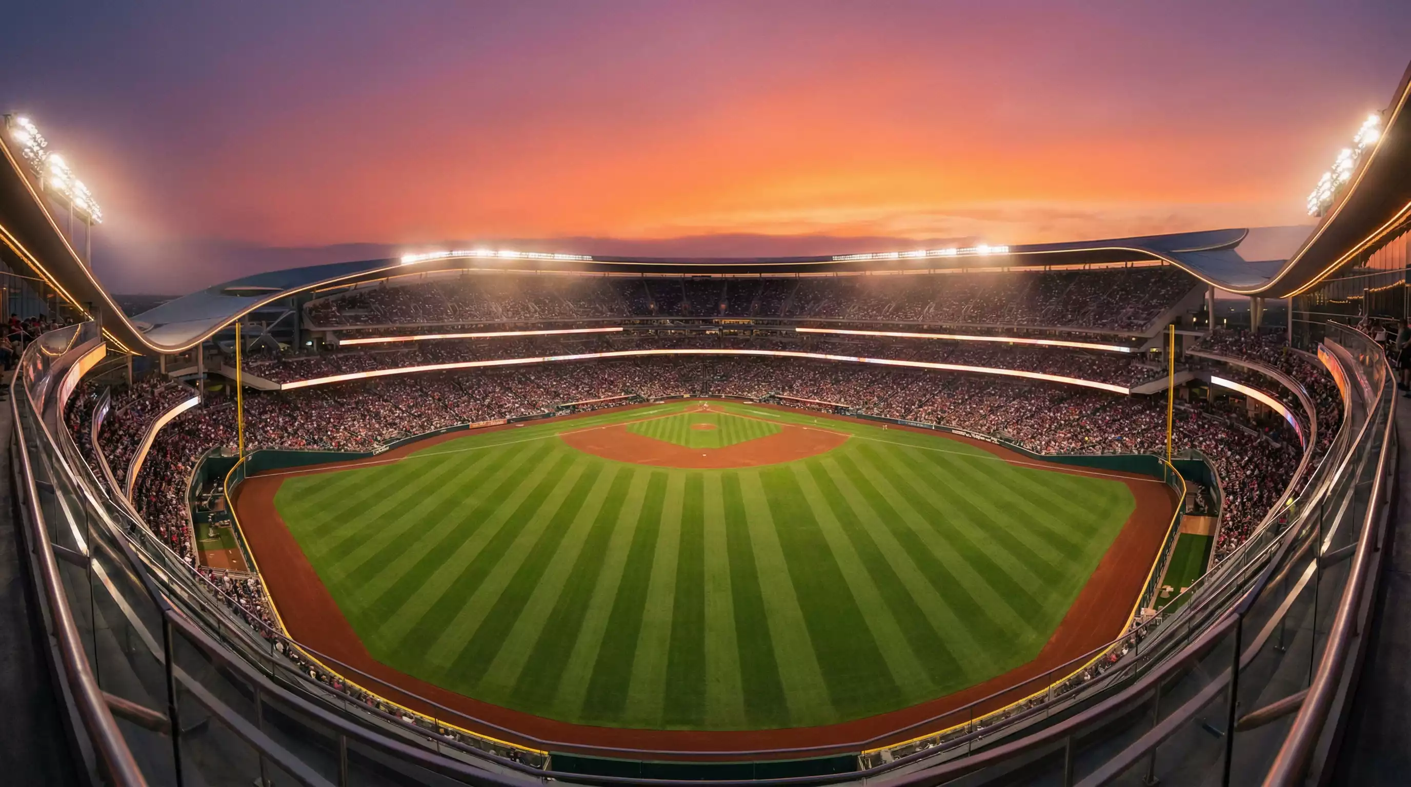 Baseballstadion bei Sonnenuntergang mit beleuchteter World Series Atmosphäre – MLB Futures Wetten